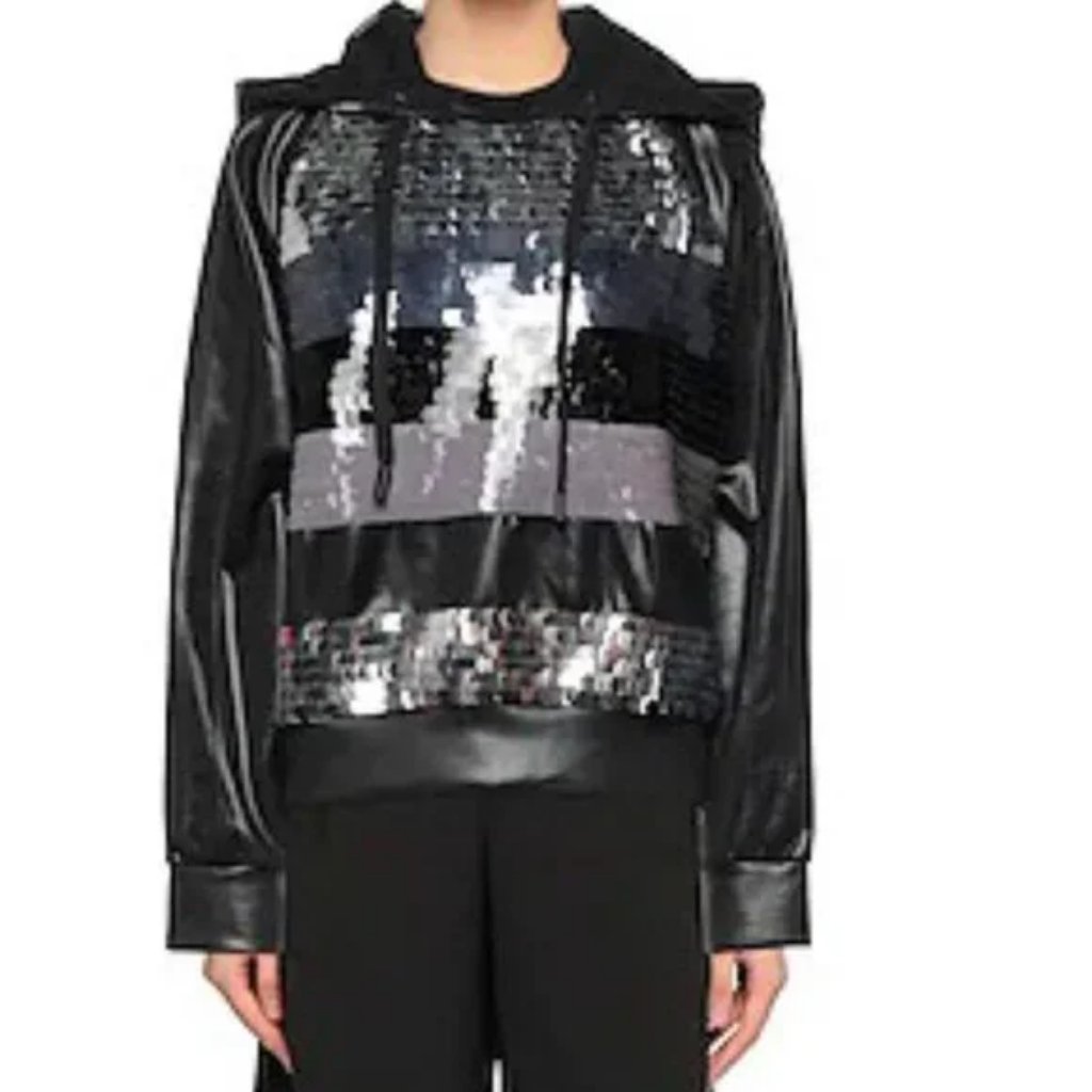 Hot Item Palale Color Block Sequin And Leather Hoodie